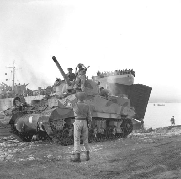 Sherman tank of 3CLY landing on How beach 10 July 1943